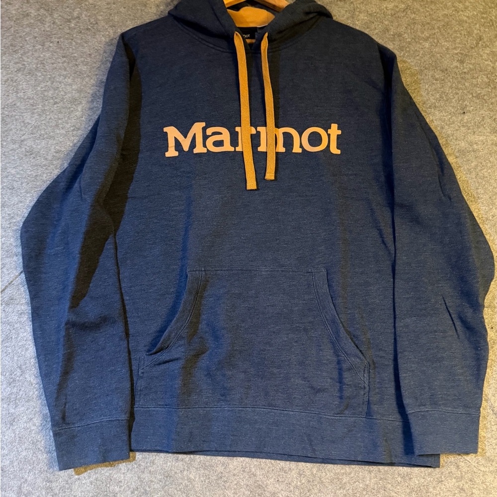 Marmot Hoodie Men  XL Navy Pullover Fleece Logo Outdoor Casual Athleisure